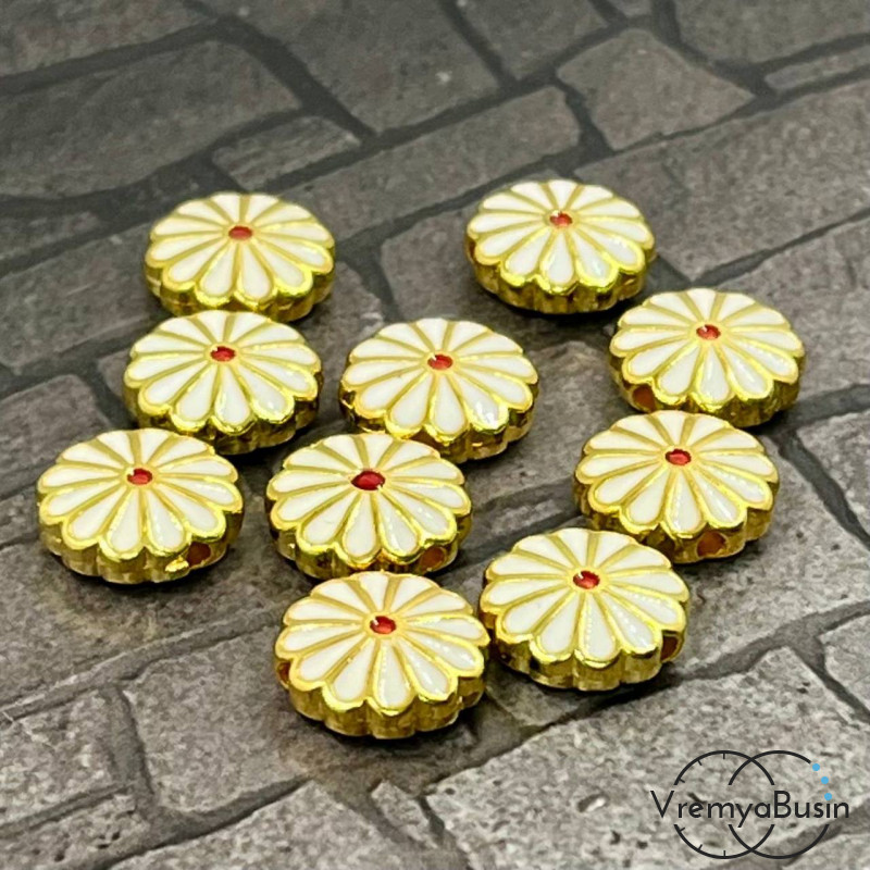 Бусина металлическая с эмалью "Цветок", 12х4 мм, цв.    белый  (1 шт.)