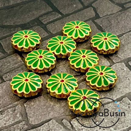 Бусина металлическая с эмалью "Цветок", 12х4 мм, цв.   зеленый   (1 шт.)