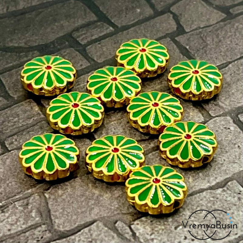 Бусина металлическая с эмалью "Цветок", 12х4 мм, цв.   зеленый   (1 шт.)