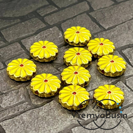 Бусина металлическая с эмалью "Цветок", 12х4 мм, цв.    желтый  (1 шт.)