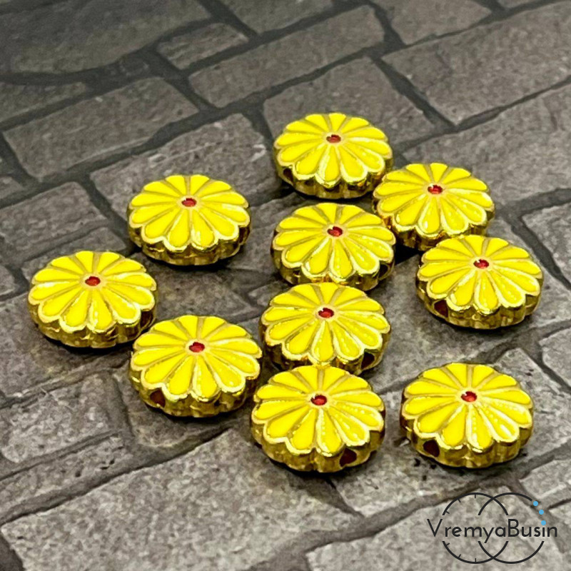 Бусина металлическая с эмалью "Цветок", 12х4 мм, цв.    желтый  (1 шт.)