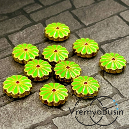 Бусина металлическая с эмалью "Цветок", 12х4 мм, цв.   салатовый   (1 шт.)