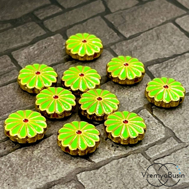 Бусина металлическая с эмалью "Цветок", 12х4 мм, цв.   салатовый   (1 шт.)