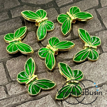 Бусина металлическая с эмалью "Бабочка", 20х13х5 мм, цв. зеленый в золоте  (1 шт.)