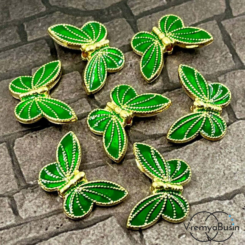 Бусина металлическая с эмалью "Бабочка", 20х13х5 мм, цв. зеленый в золоте  (1 шт.)