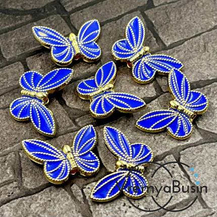Бусина металлическая с эмалью "Бабочка", 20х13х5 мм, цв. синий в золоте (1 шт.)