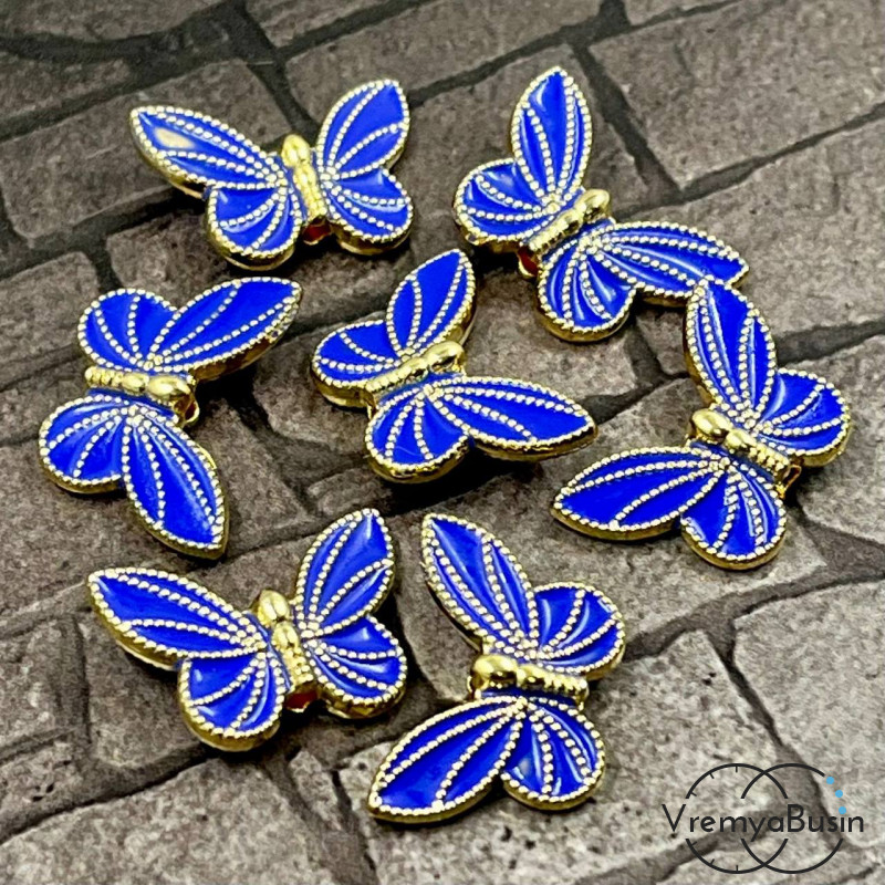 Бусина металлическая с эмалью "Бабочка", 20х13х5 мм, цв. синий в золоте (1 шт.)