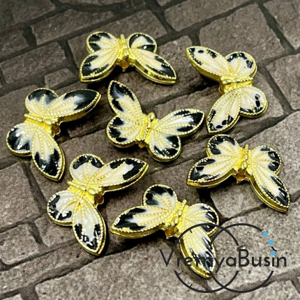 Бусина металлическая с эмалью "Бабочка", 20х13х5 мм, цв. черно-белый в золоте (1 шт.)