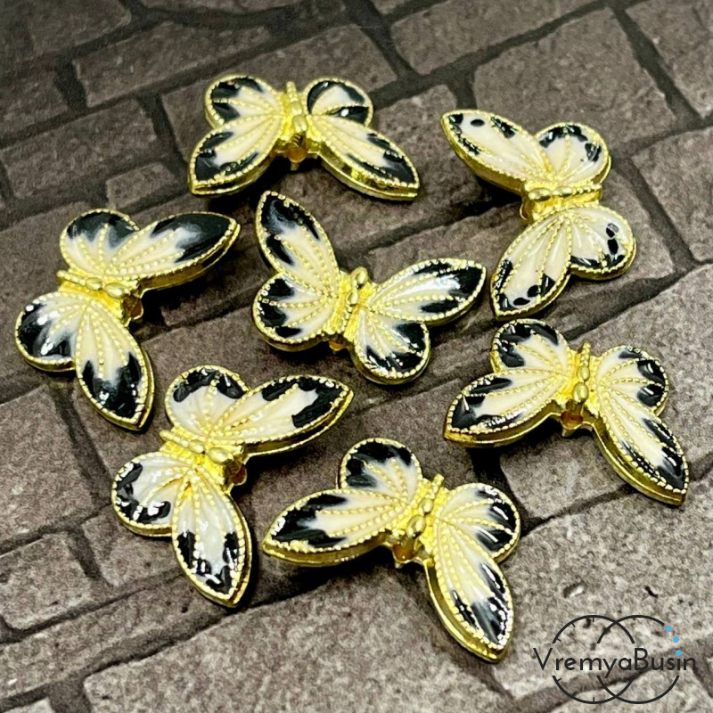 Бусина металлическая с эмалью "Бабочка", 20х13х5 мм, цв. черно-белый в золоте (1 шт.)
