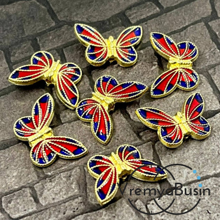 Бусина металлическая с эмалью "Бабочка", 20х13х5 мм, цв. красно-синий в золоте (1 шт.)