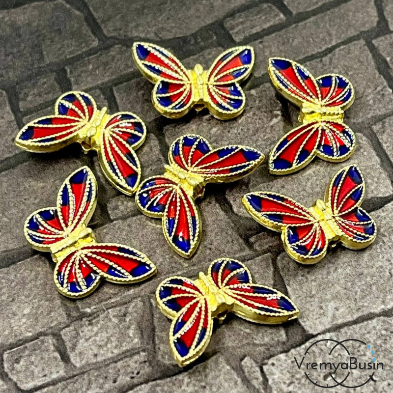 Бусина металлическая с эмалью "Бабочка", 20х13х5 мм, цв. красно-синий в золоте (1 шт.)