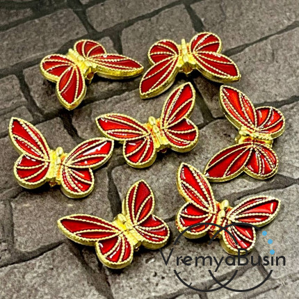 Бусина металлическая с эмалью "Бабочка", 20х13х5 мм, цв. красный в золоте  (1 шт.)