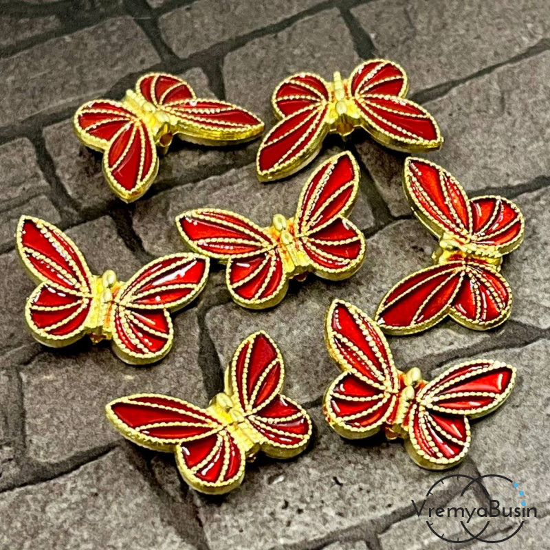 Бусина металлическая с эмалью "Бабочка", 20х13х5 мм, цв. красный в золоте  (1 шт.)