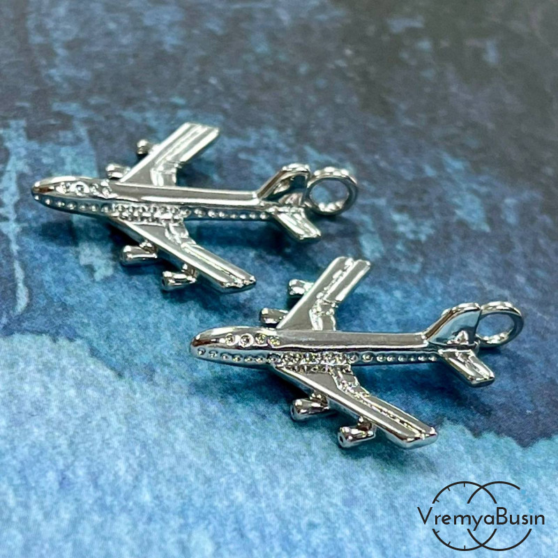 Подвеска "Самолет", 21х28 мм,  из латуни с родиевым покрытием (1 шт.)