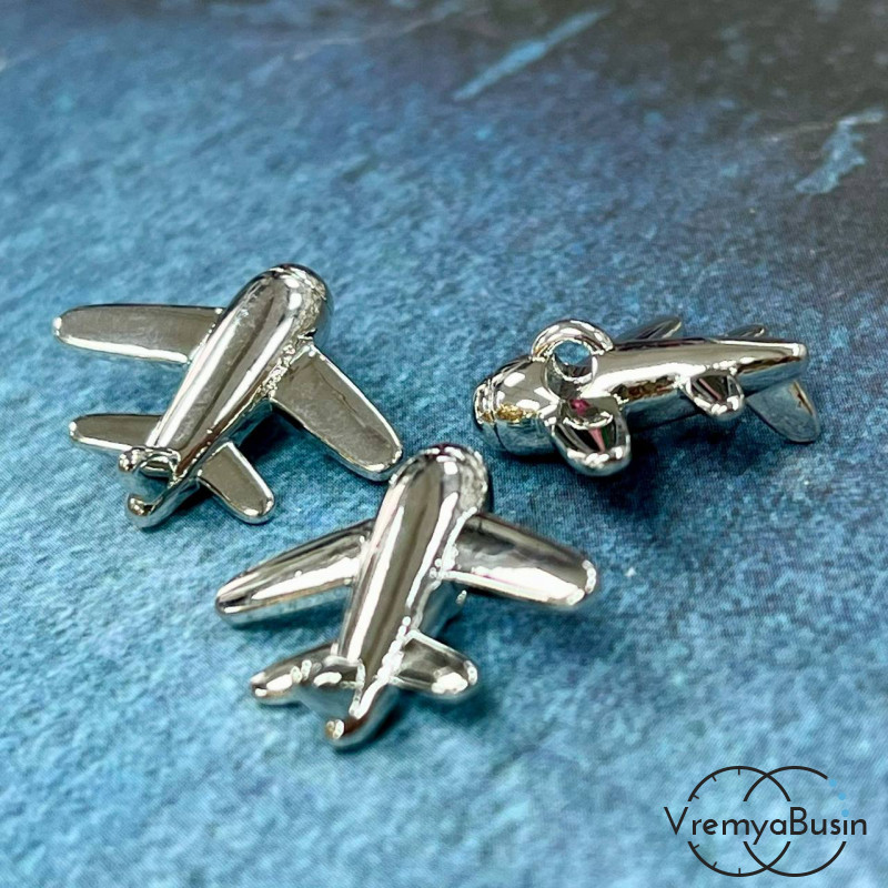 Подвеска "Самолет", 17х20 мм, из латуни с родиевым покрытием (1 шт.)