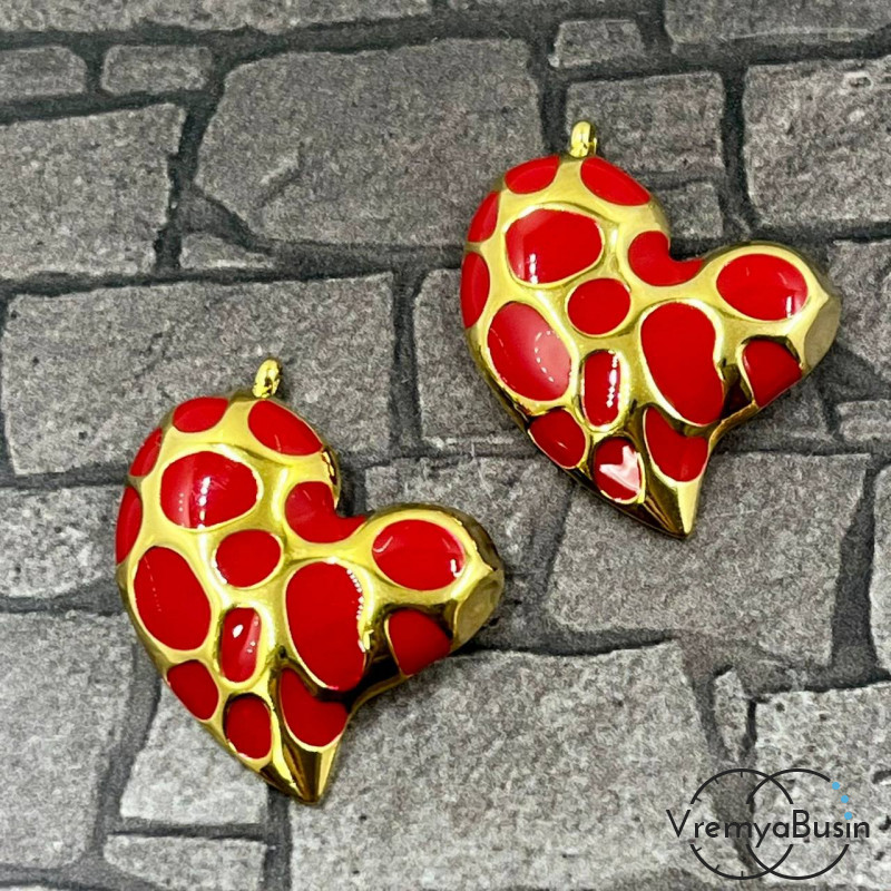 Сердце, 24х29 мм, подвеска из нержавеющей стали с эмалью и позолотой (1 шт.)