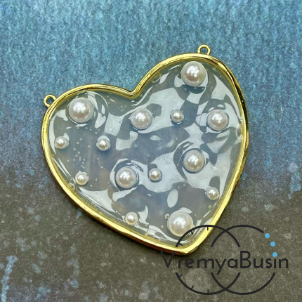 Подвеска "Сердце" с имит. жемчуга, 50 мм, латунь с позолотой (1 шт.)