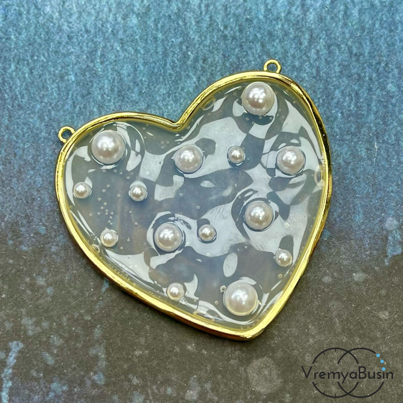Подвеска "Сердце" с имит. жемчуга, 50 мм, латунь с позолотой (1 шт.)