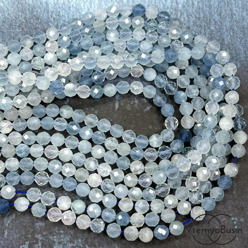 Аквамарин натур., шарик с ювелирной огранкой, 6 мм (1/2 нити, ок. 32 шт.)