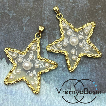 Подвеска "Звезда" с имит. жемчуга, 35х40 мм, латунь с позолотой (1 шт.)