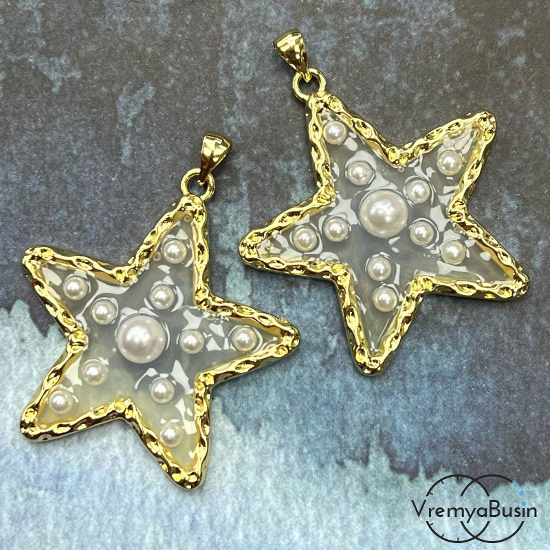 Подвеска "Звезда" с имит. жемчуга, 35х40 мм, латунь с позолотой (1 шт.)