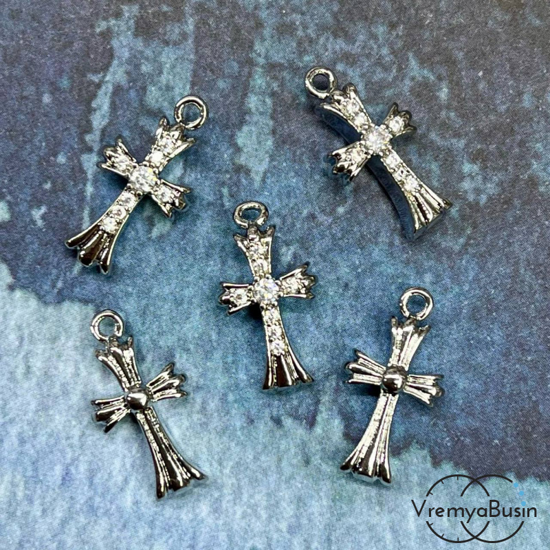 Подвеска с фианитами "Крест", 18х9х5 мм, латунь с родиевым покрытием (1 шт.)