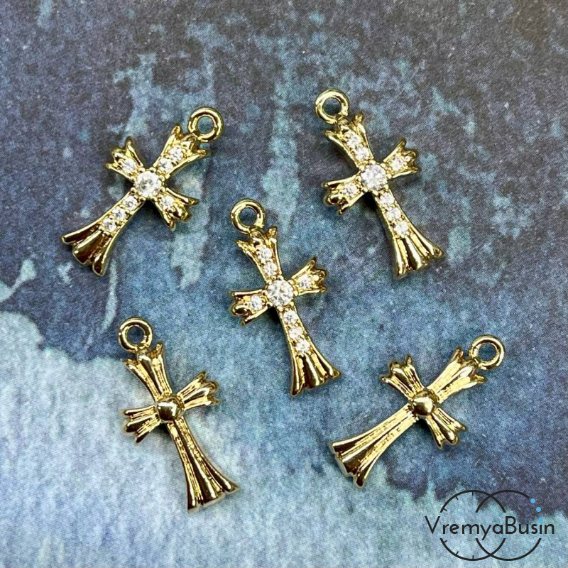 Подвеска с фианитами "Крест", 18х9х5 мм, латунь с позолотой (1 шт.)