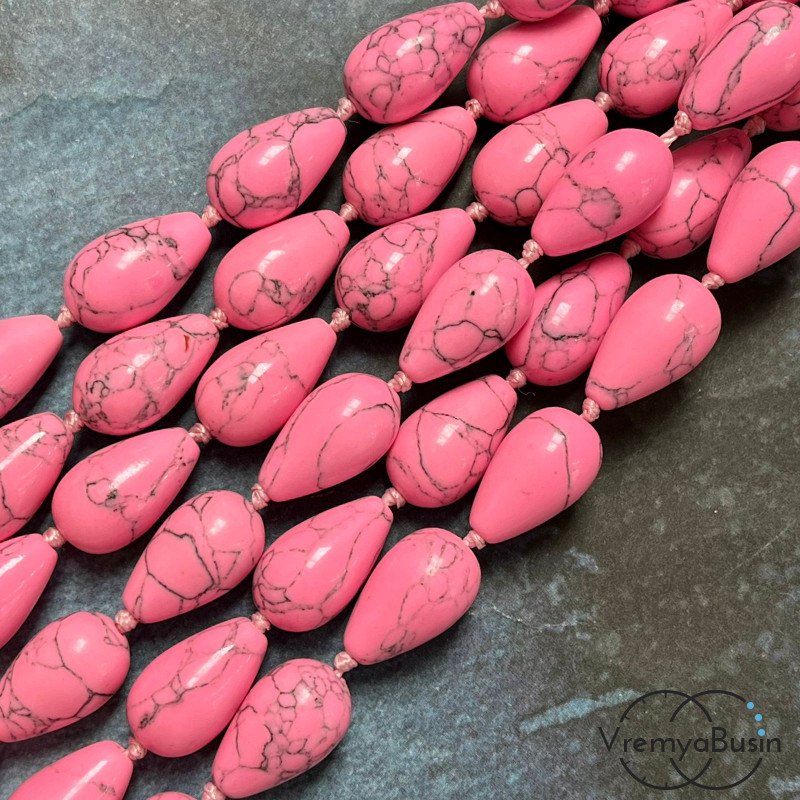 Бирюза имит. из говлита, капля гладкая 10х16 мм, цв. розовый (1/2 нити, ок. 15 шт.)