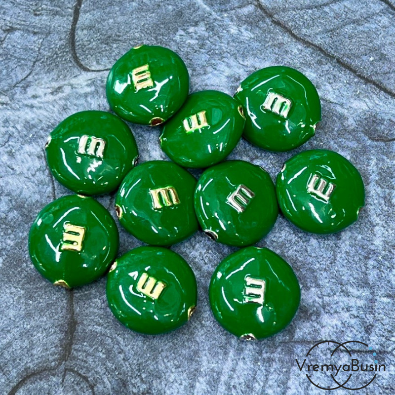 Бусина  с эмалью "m&ms", 14х5 мм, цв.  зеленый  (1 шт.)