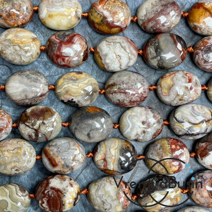 Агат натур., овальные крупные плоские бусины, ок. 24х28х16 мм (нить, ок. 13 шт.)