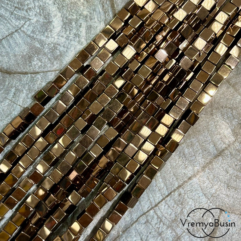 Гематит, кубик гладкий 4 мм, цв. коричневый   (нить, ок. 95 шт.)