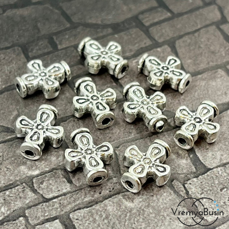 Бусина металлическая  "Крест", 15х12х5 мм, цв. серебро (1 шт.)