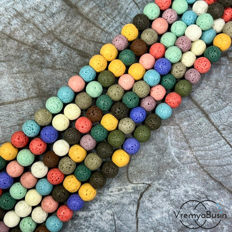 Лава тонир., бусины  шарики, ок. 6 мм,     цв.      микс   (нить, ок.  65     шт.)