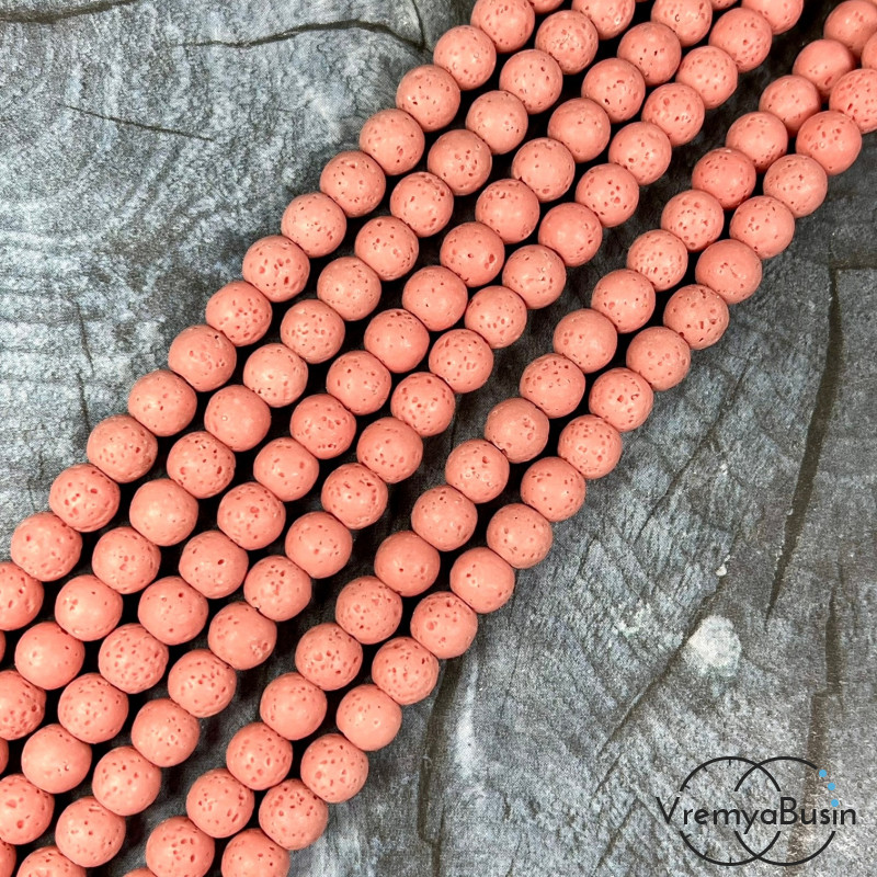Лава тонир., бусины  шарики, ок. 6 мм,     цв.      лососевый   (нить, ок.  65     шт.)