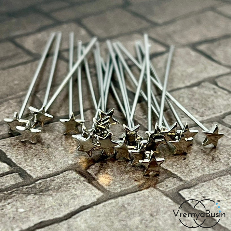 Пины со звездой, 50х5х0.7 мм, латунь с родиевм покрытием (упак. 2 шт.)