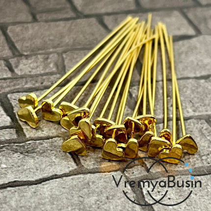 Пины с сердцем, 50х5х0.7 мм, латунь с позолотой (упак. 2 шт.)