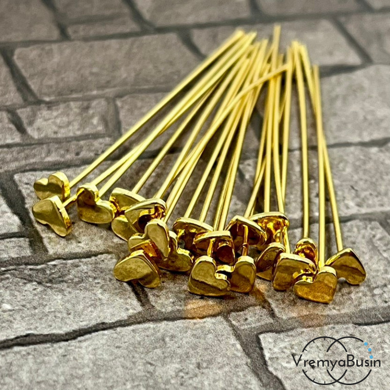 Пины с сердцем, 50х5х0.7 мм, латунь с позолотой (упак. 2 шт.)