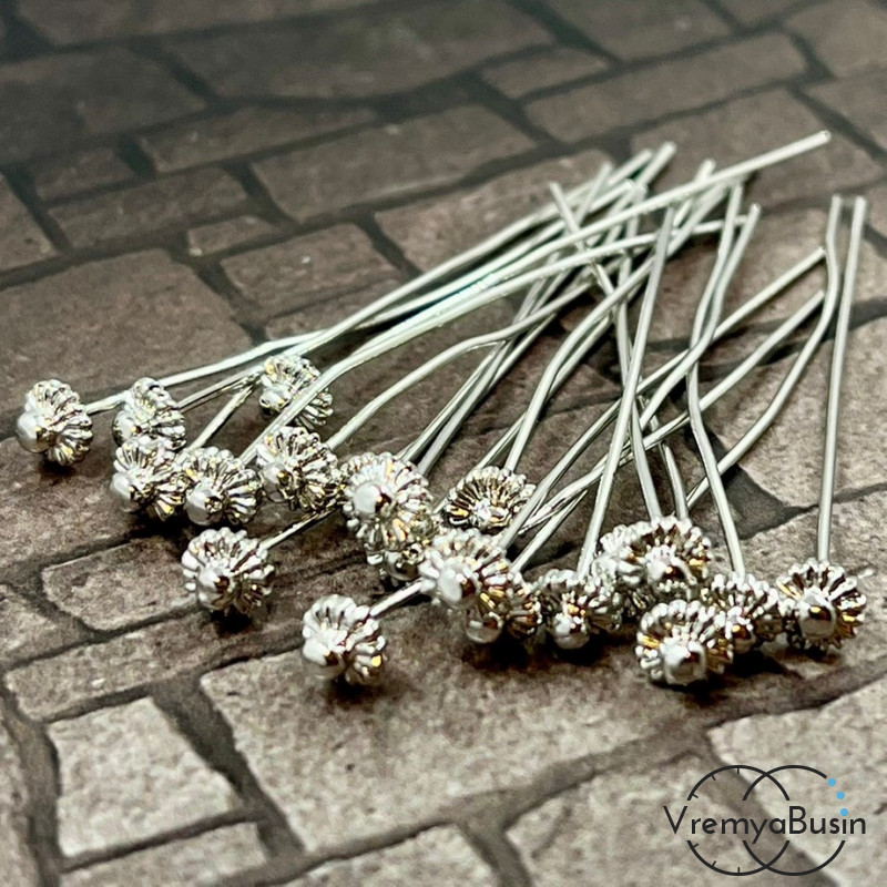 Пины с шапочкой, 50х5х0.7 мм, латунь с родиевм покрытием (упак. 2 шт.)