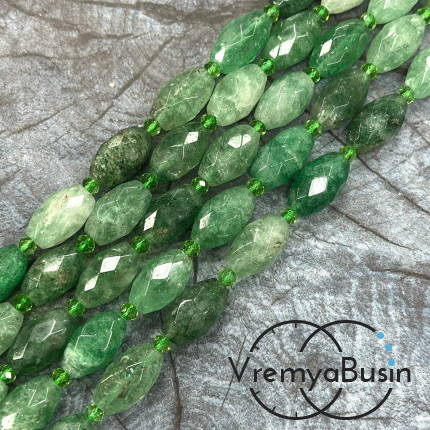 Авантюрин зеленый, бочонок граненый, ок. 10х15 мм (нить, ок. 22 шт.)