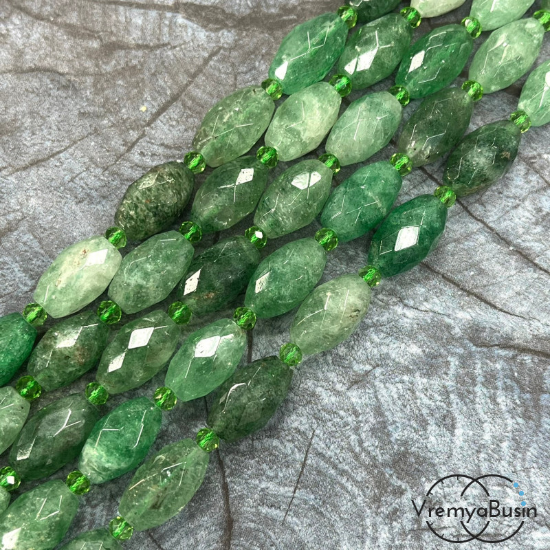 Авантюрин зеленый, бочонок граненый, ок. 10х15 мм (нить, ок. 22 шт.)