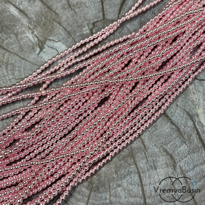 Гематит, шарик гладкий 3 мм, цв. розовый  (нить, ок. 140  шт.)