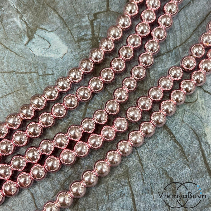 Гематит, шарик гладкий 8 мм, цв. розовый     (нить, ок. 48 шт.)