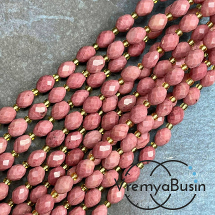 Родонит синт., бочонок с ювелирной огранкой, ок. 6х8 мм (нить, ок. 38 шт.)