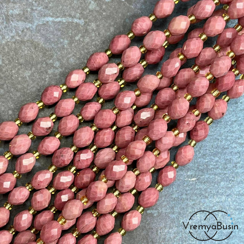 Родонит синт., бочонок с ювелирной огранкой, ок. 6х8 мм (нить, ок. 38 шт.)