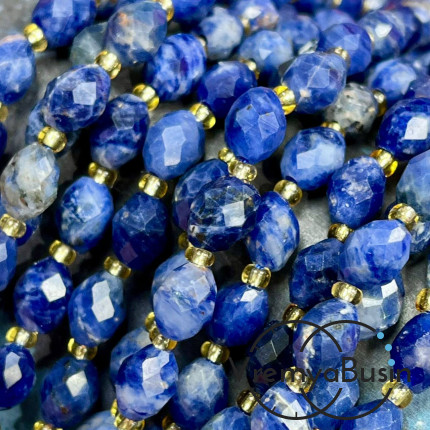 Содалит, бочонок с ювелирной огранкой, ок. 6х8 мм (нить, ок. 38 шт.)