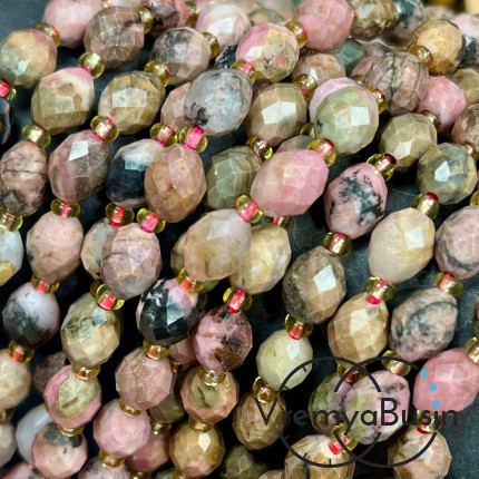 Родонит, бочонок с ювелирной огранкой, ок. 6х8 мм (нить, ок. 38 шт.)