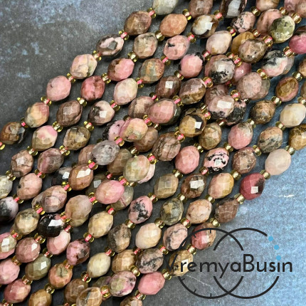 Родонит, бочонок с ювелирной огранкой, ок. 6х8 мм (нить, ок. 38 шт.)