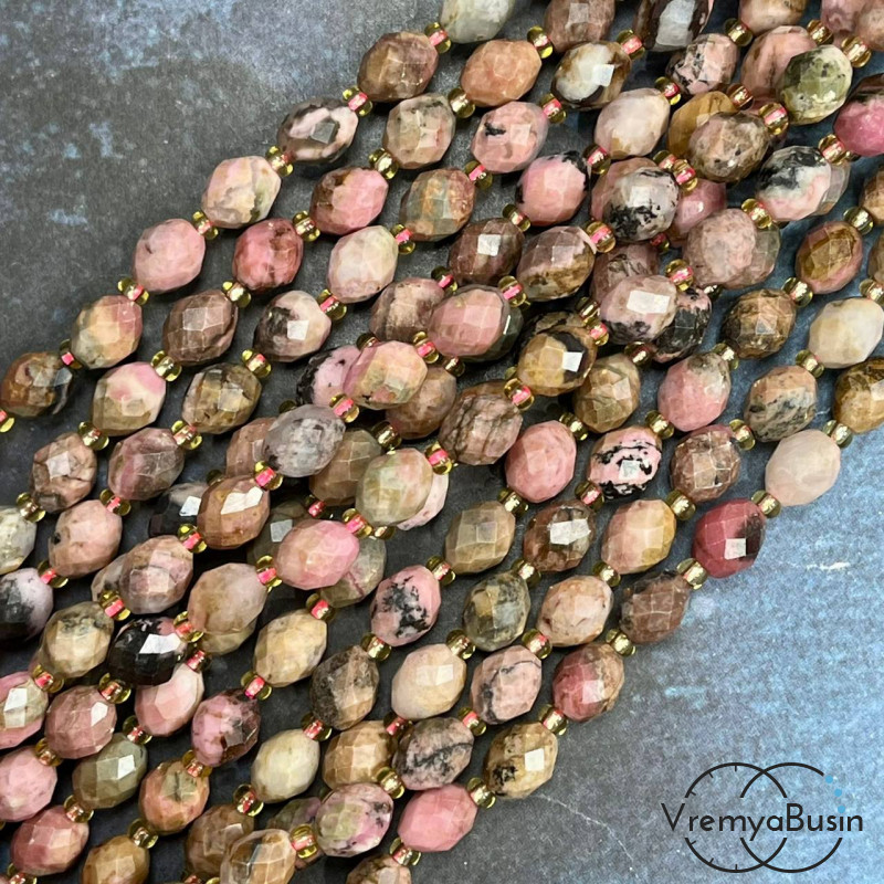 Родонит, бочонок с ювелирной огранкой, ок. 6х8 мм (нить, ок. 38 шт.)