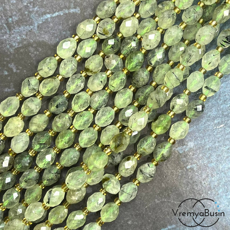 Пренит, бочонок с ювелирной огранкой, ок. 6х8 мм (нить, ок. 38 шт.)