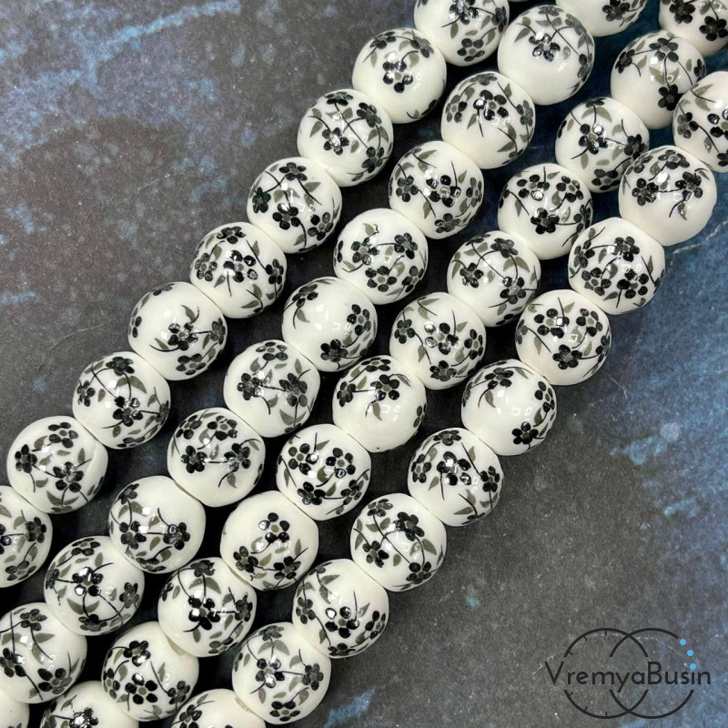 Бусина керамическая с рисунком, шарик  10 мм (нить, ок. 38 шт.)